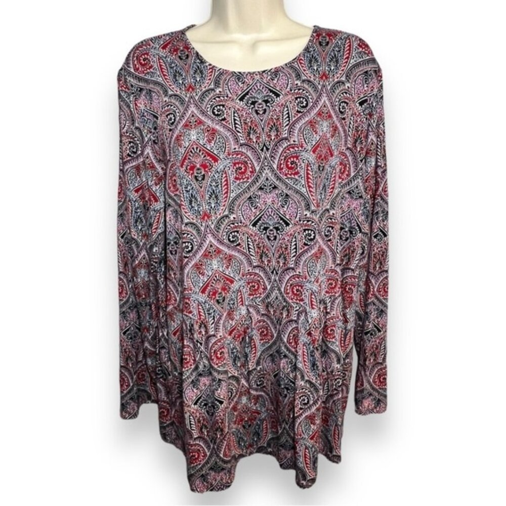 J. Jill Women’s Wearever Collection Pleated Peplum Top Red Black Paisley Size XL